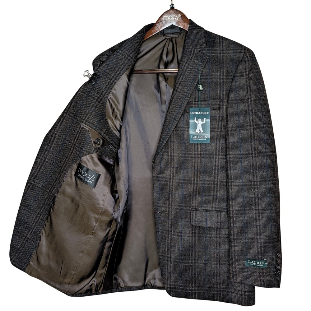 Lauren Ralph Lauren Sport Coat Blazer Jacket Mens 38R Brown Plaid Wool UltraFlex